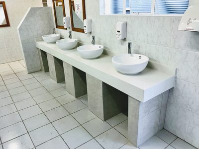 Row of clean bowl basins in the Yellow Sands ablution block
