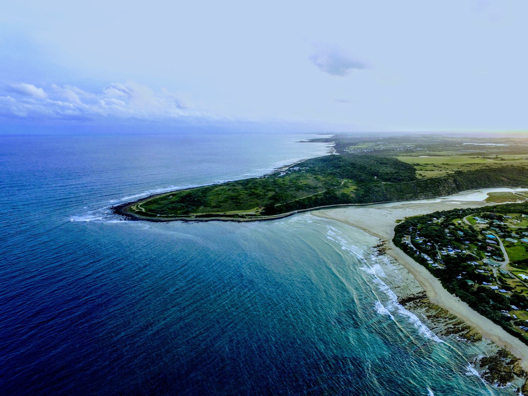 Wide aerial of the Yellow Sands headland and coastline near East London